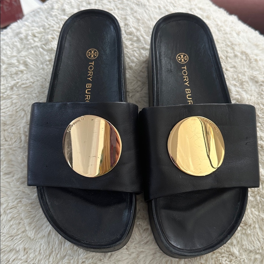 Tory Burch Black Slides with Gold Emblem